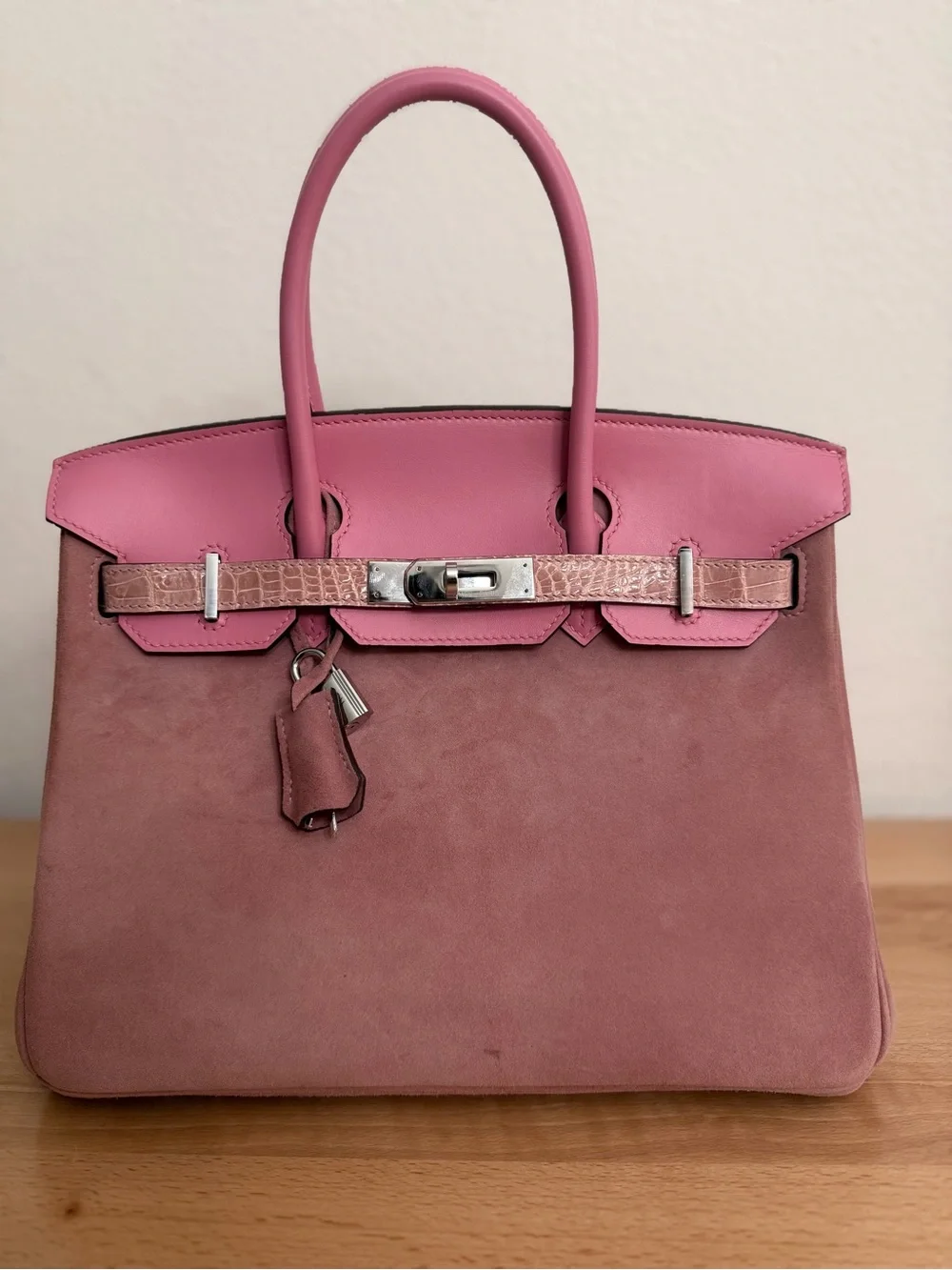 Birkin 30 suede Doblis Pink crocodile imported swift touch PHW handmade 5P